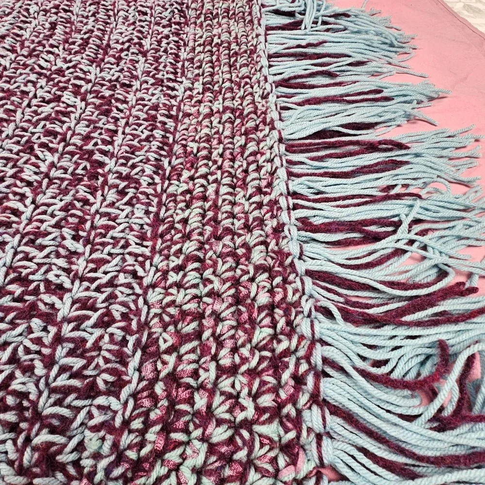 Handmade Crochet Blanket Throw Burgundy Teal Fringe Cozy Afghan‎ Home Decor Gift